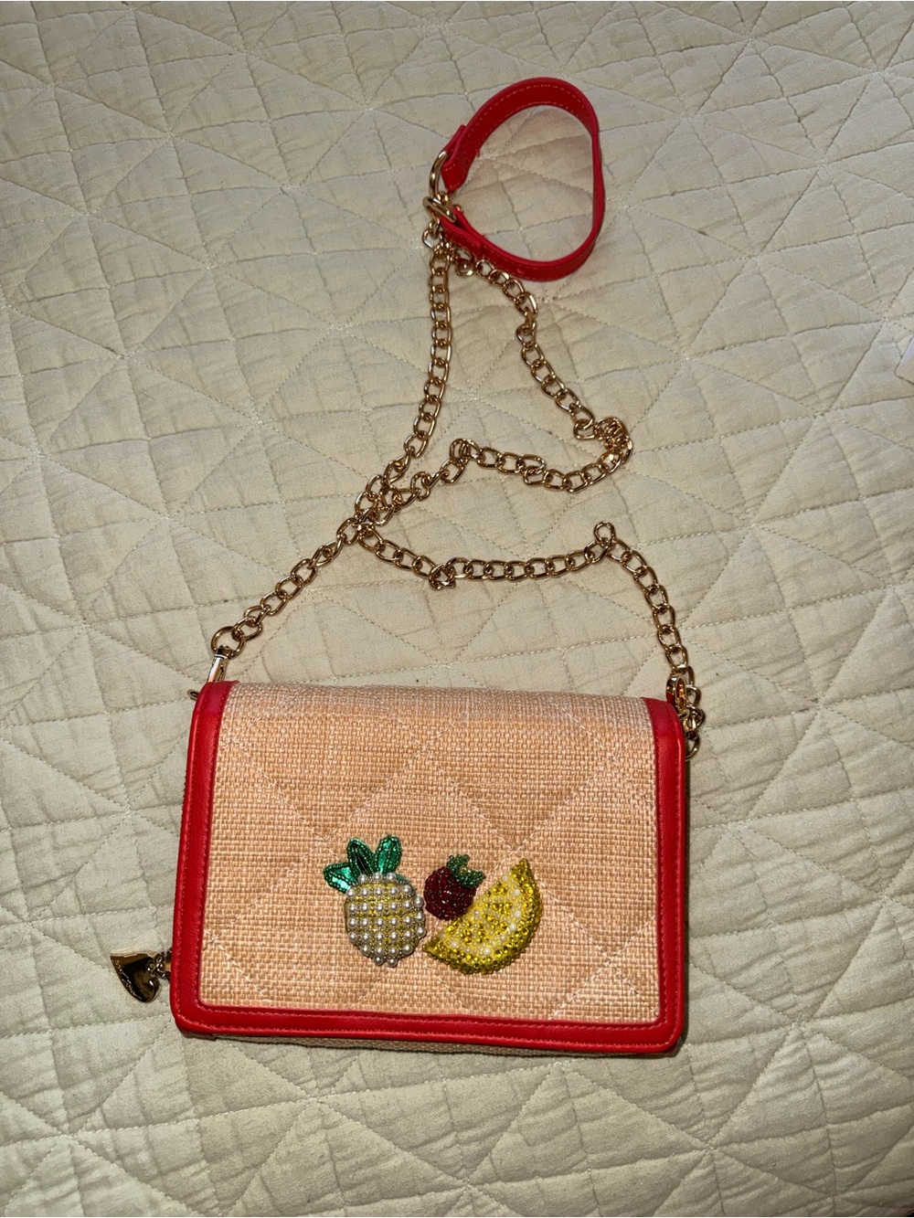 Betsey Johnson Red-Trim Straw Crossbody Bag with Fruit Embellishment
